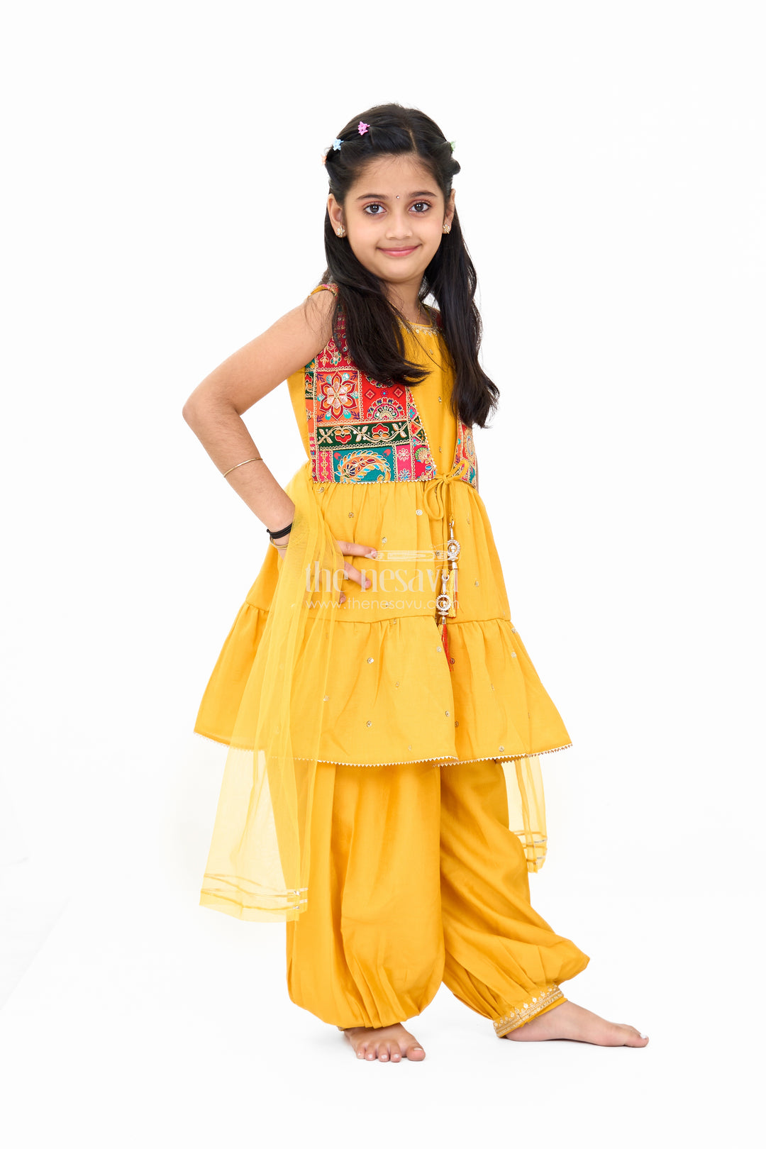 Girls Yellow Georgette Suit Set with Embellished Ethnic Jacket and Matching Dupatta