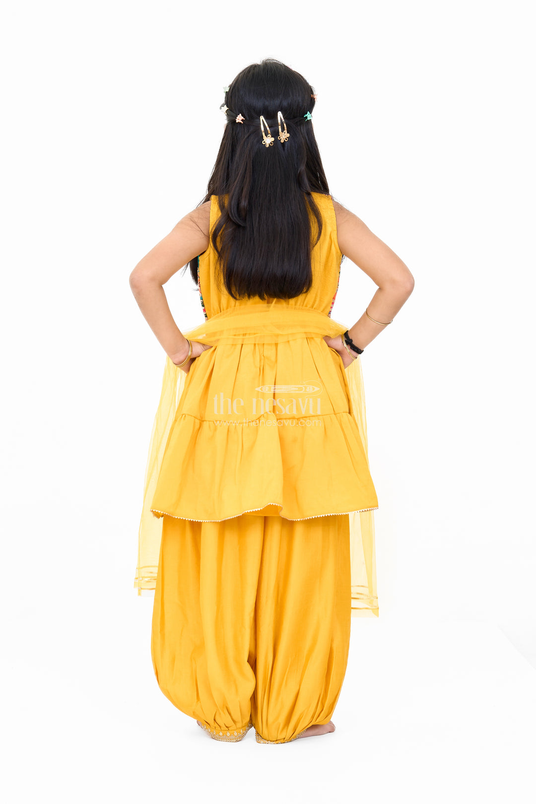 Girls Yellow Georgette Suit Set with Embellished Ethnic Jacket and Matching Dupatta