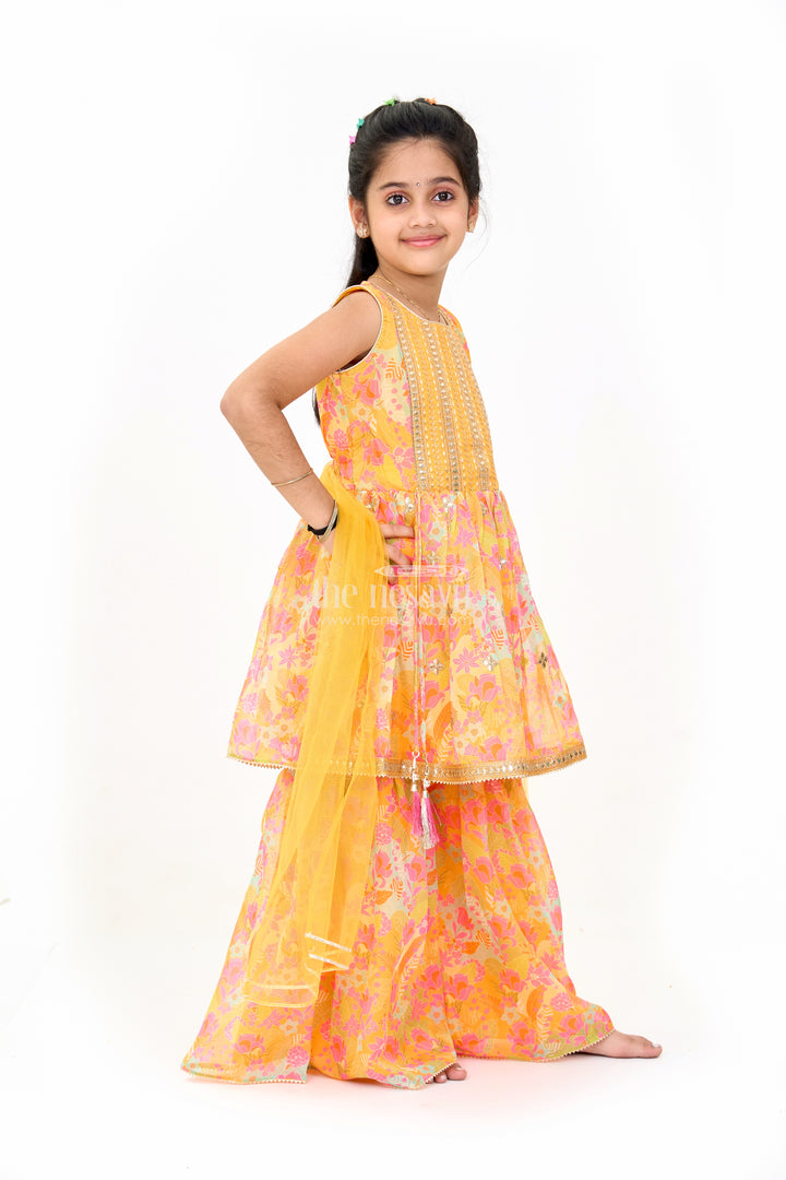 Girls Mustard Ethnic Sharara Dress with Floral Print and Sequin Detailing