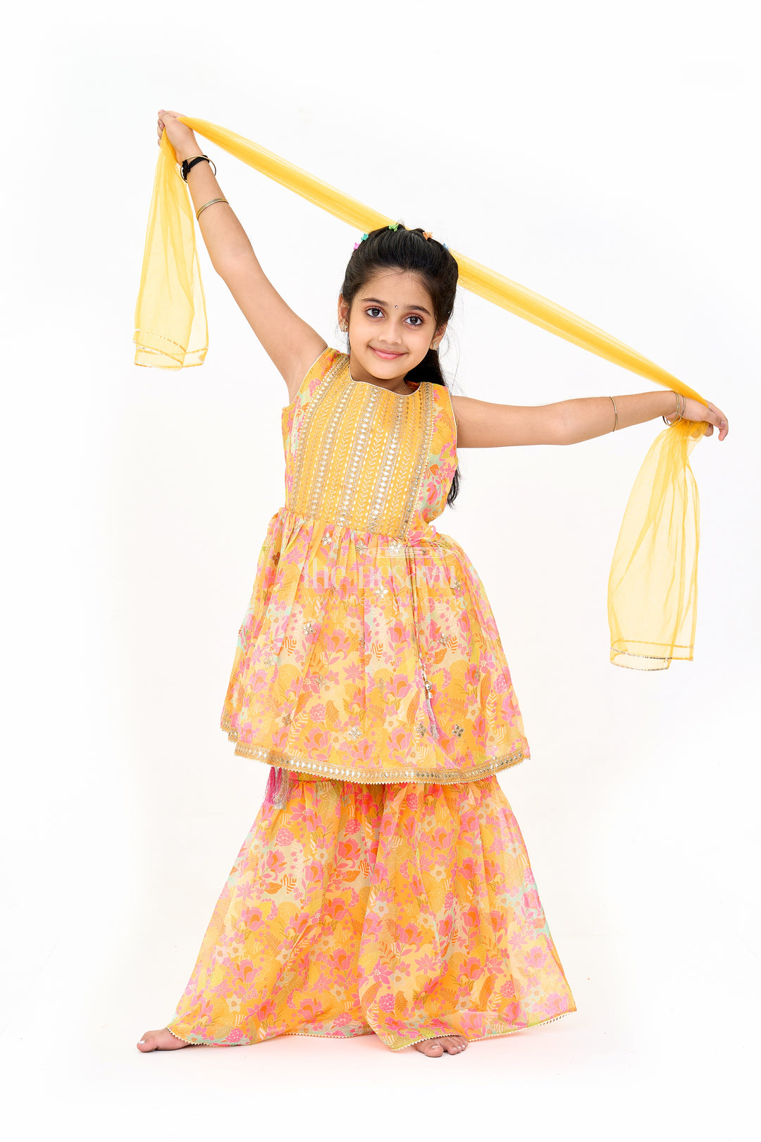 Girls Mustard Ethnic Sharara Dress with Floral Print and Sequin Detailing