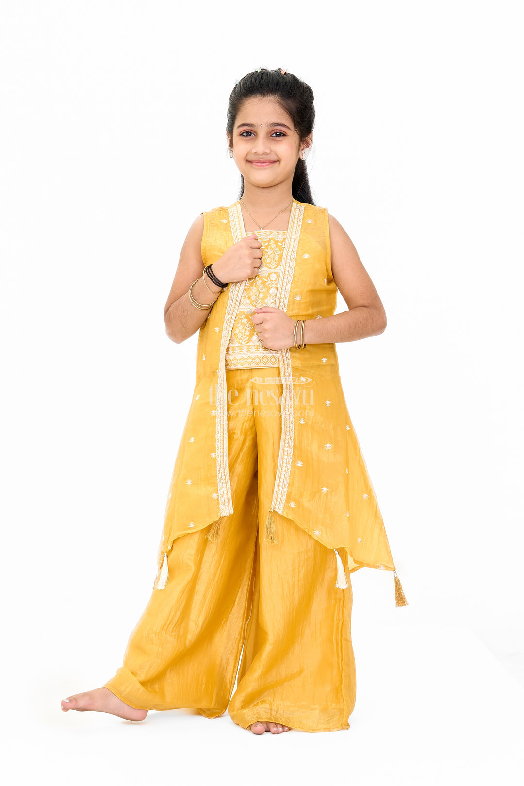 Girls Mustard Palazzo Pants with Embroidered Crop Top and Long Jacket for Festive Wear