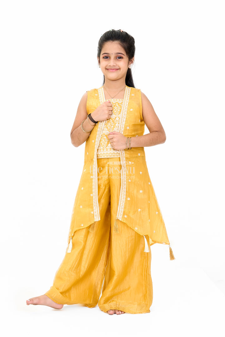 Girls Mustard Palazzo Pants with Embroidered Crop Top and Long Jacket for Festive Wear