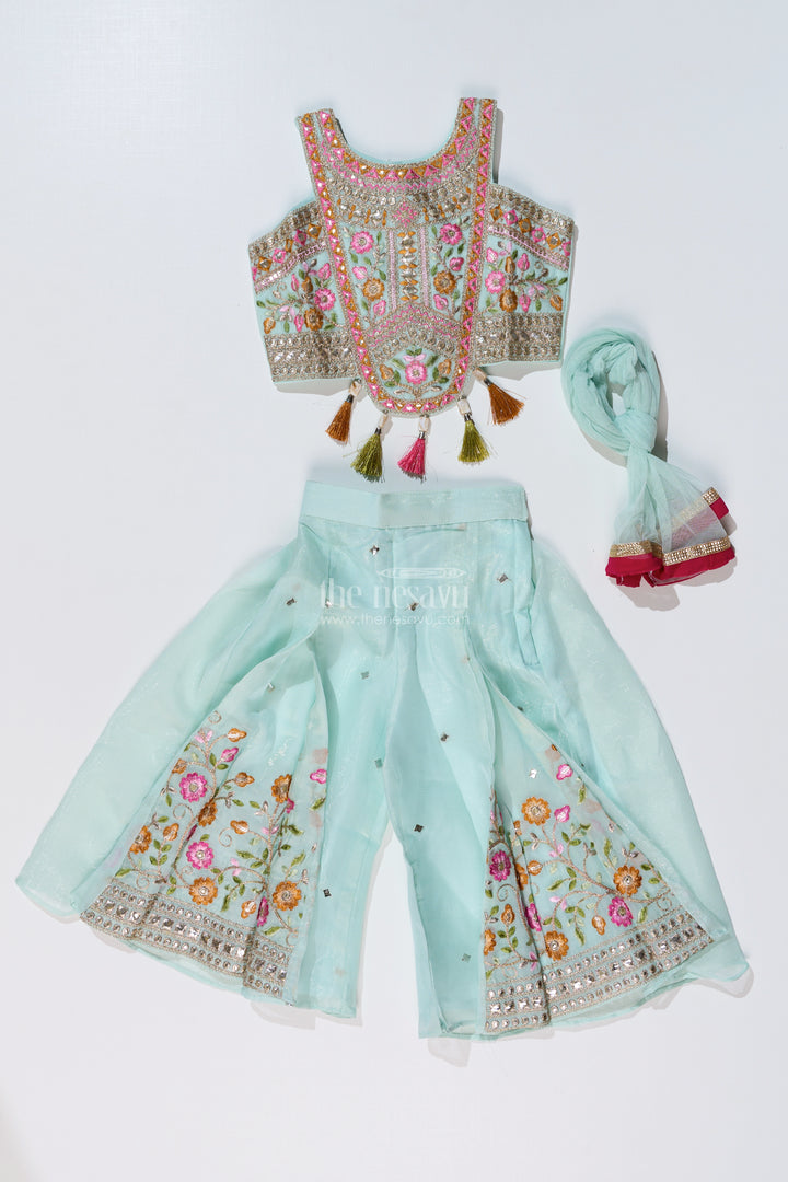 Girls Embroidered Plazo Crop Top Set in Aqua Blue with Mirror and Threadwork Details