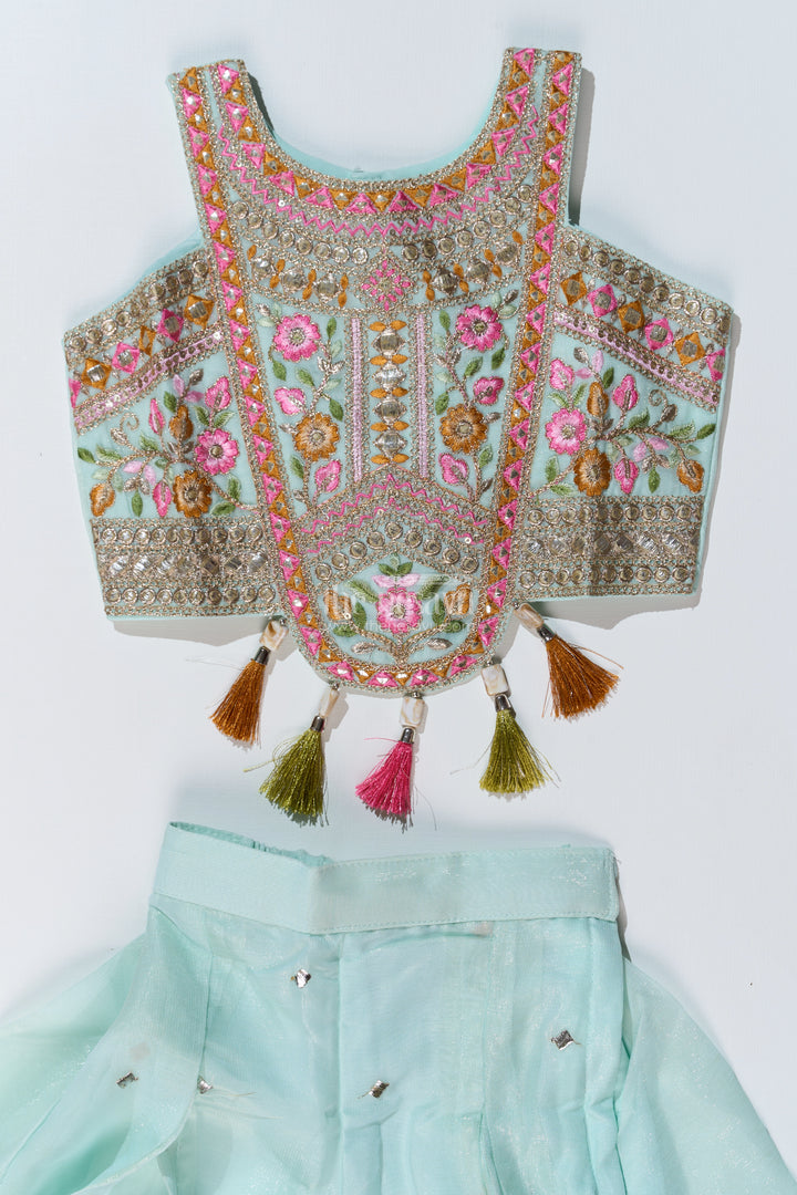 Girls Embroidered Plazo Crop Top Set in Aqua Blue with Mirror and Threadwork Details