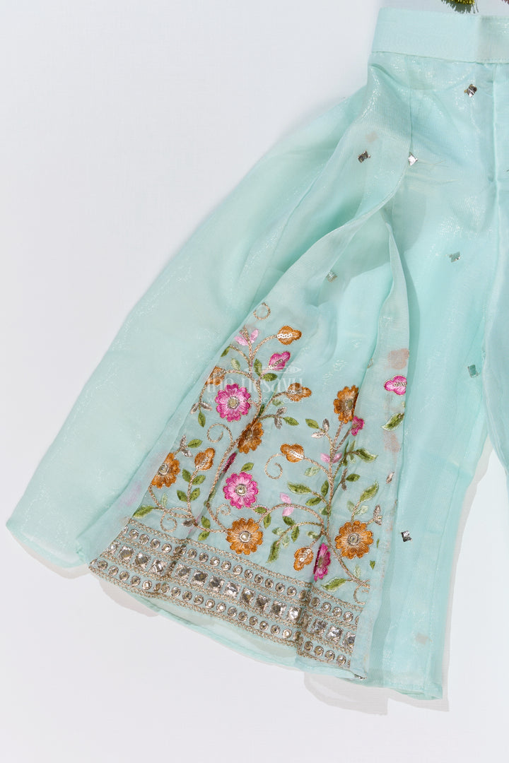 Girls Embroidered Plazo Crop Top Set in Aqua Blue with Mirror and Threadwork Details