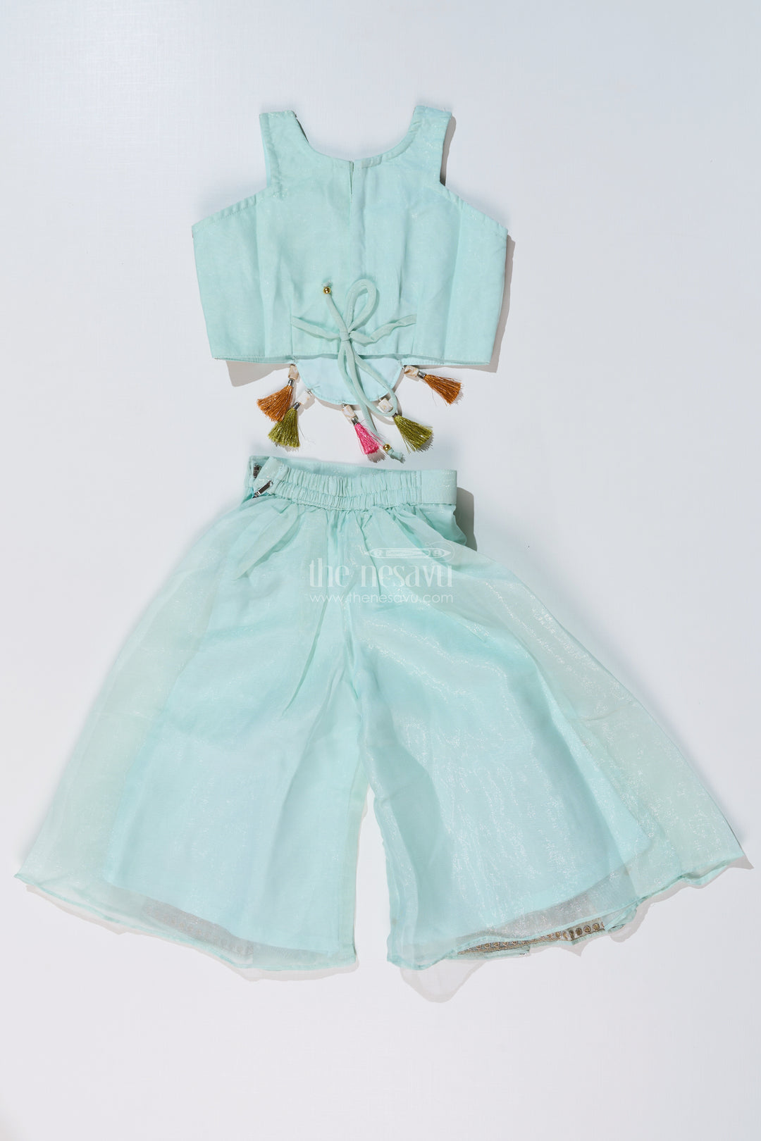 Girls Embroidered Plazo Crop Top Set in Aqua Blue with Mirror and Threadwork Details