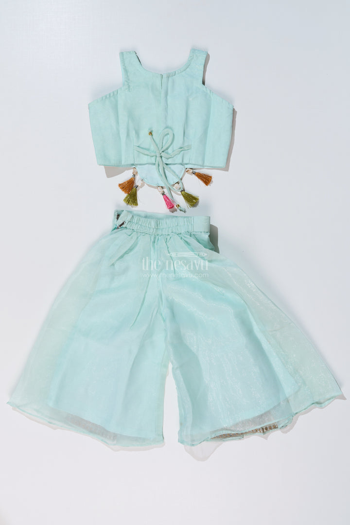 Girls Embroidered Plazo Crop Top Set in Aqua Blue with Mirror and Threadwork Details