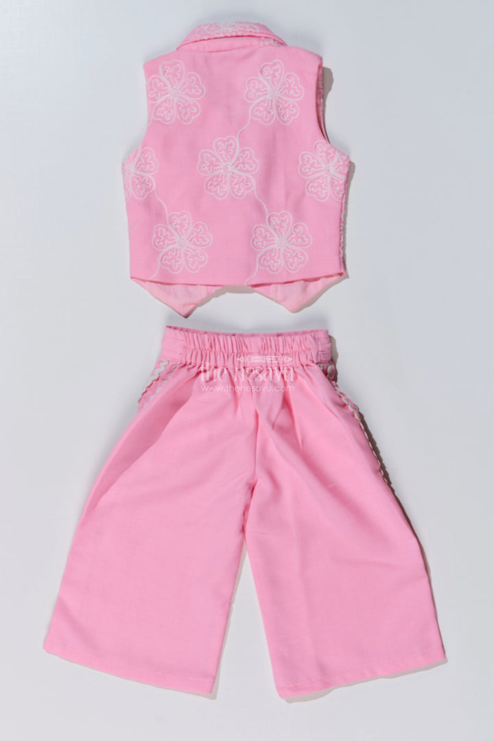 Girls Simple Sharara in Pink with Embroidered Collared Jacket and Flared Pants