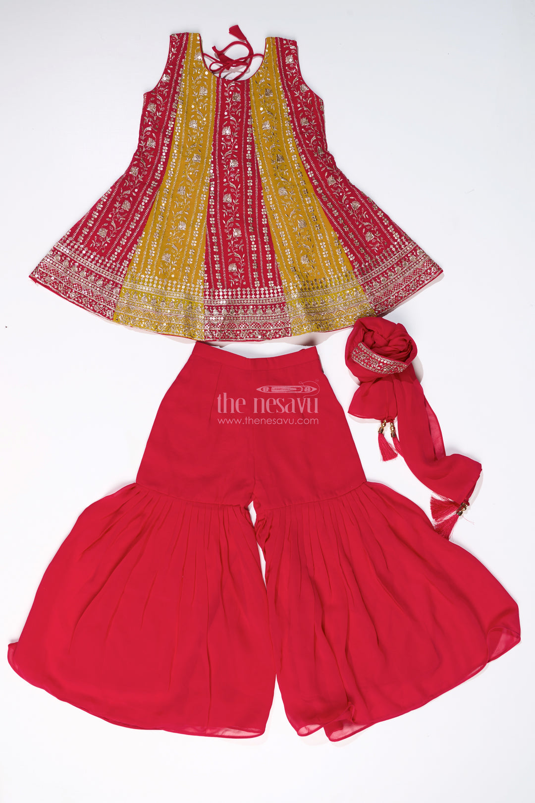 Girls Sharara Online with Embroidered Georgette Kurti and Flowy Palazzo Pants