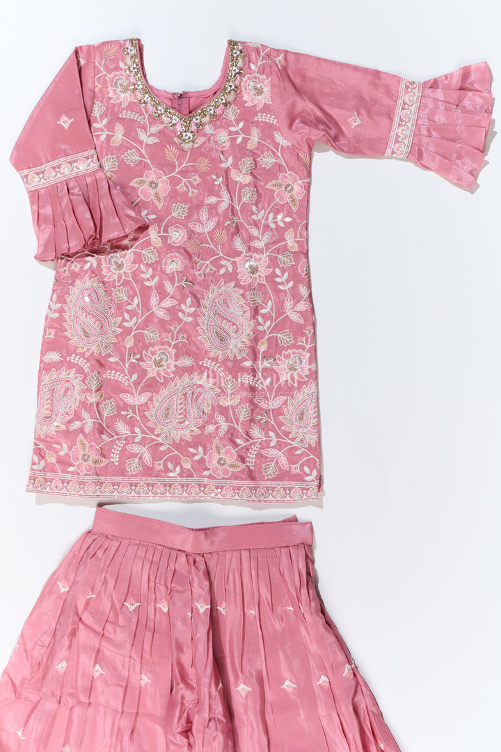 Girls Pakistani Reception Dress in Rose Pink with Embroidered Kurta and Flared Sharara