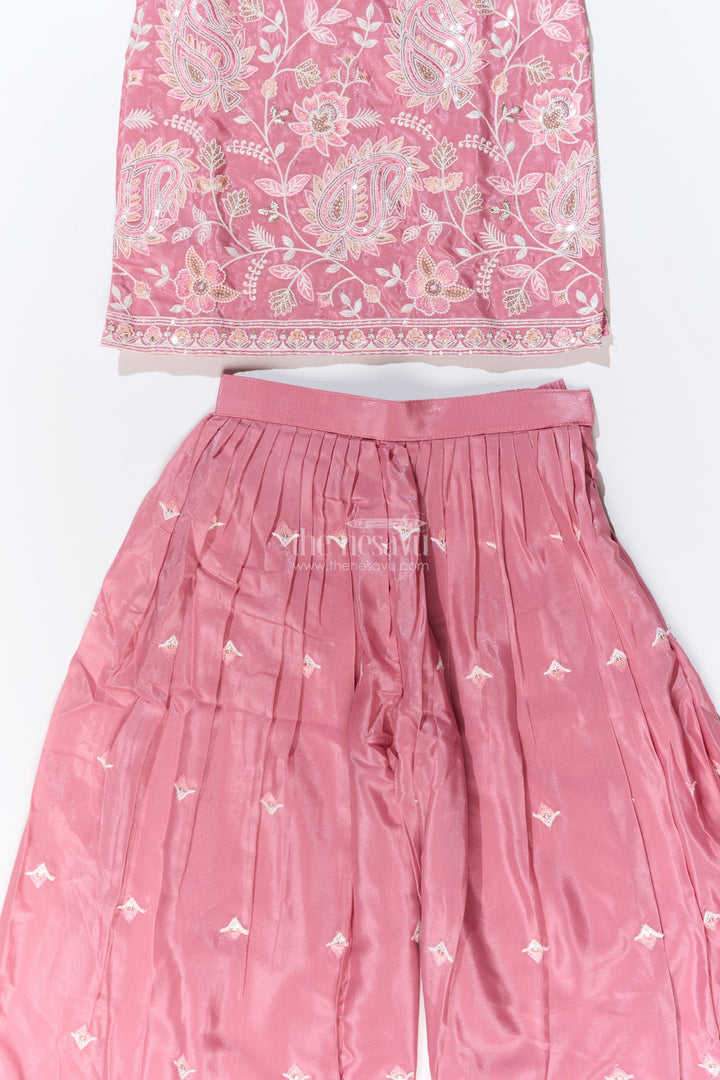 Girls Pakistani Reception Dress in Rose Pink with Embroidered Kurta and Flared Sharara