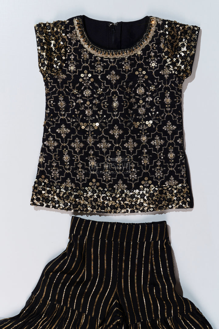 Girls Black Kurti Plazo Set with Sequined Embroidery and Tissue Silk Dupatta for Festive Occasions