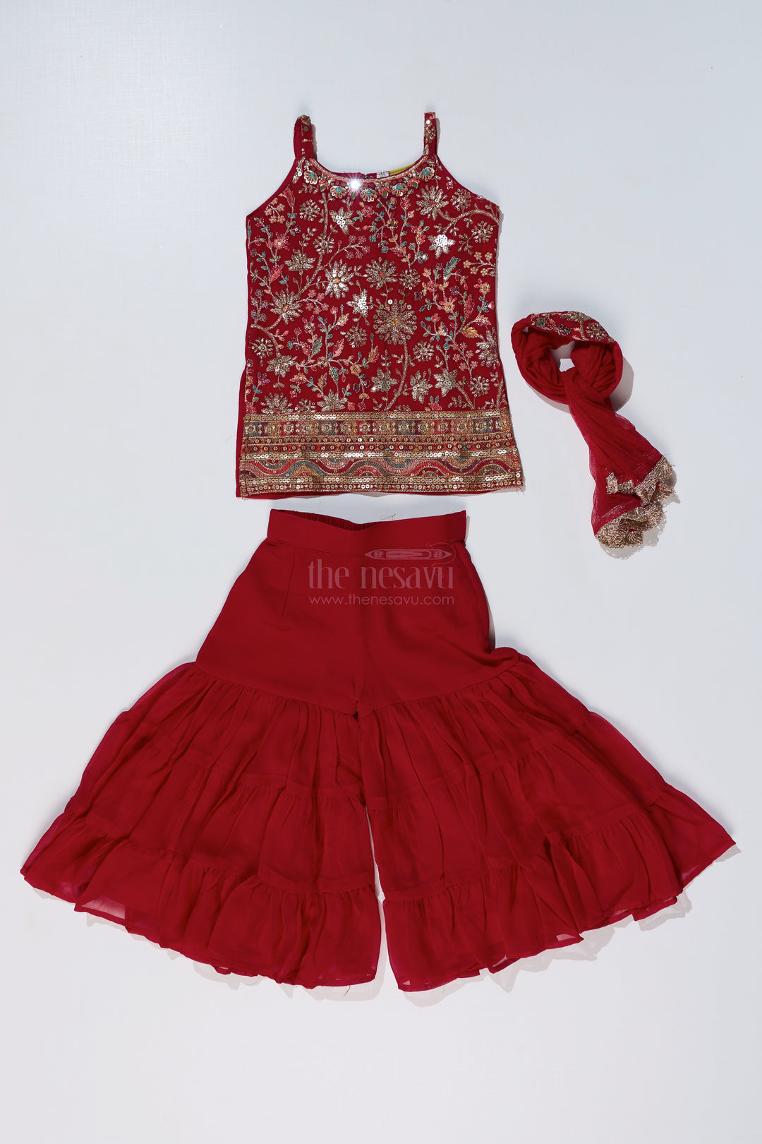 Girls Red Plazo Set with Embroidered Top and Flowy Georgette Bottoms for Festive Wear