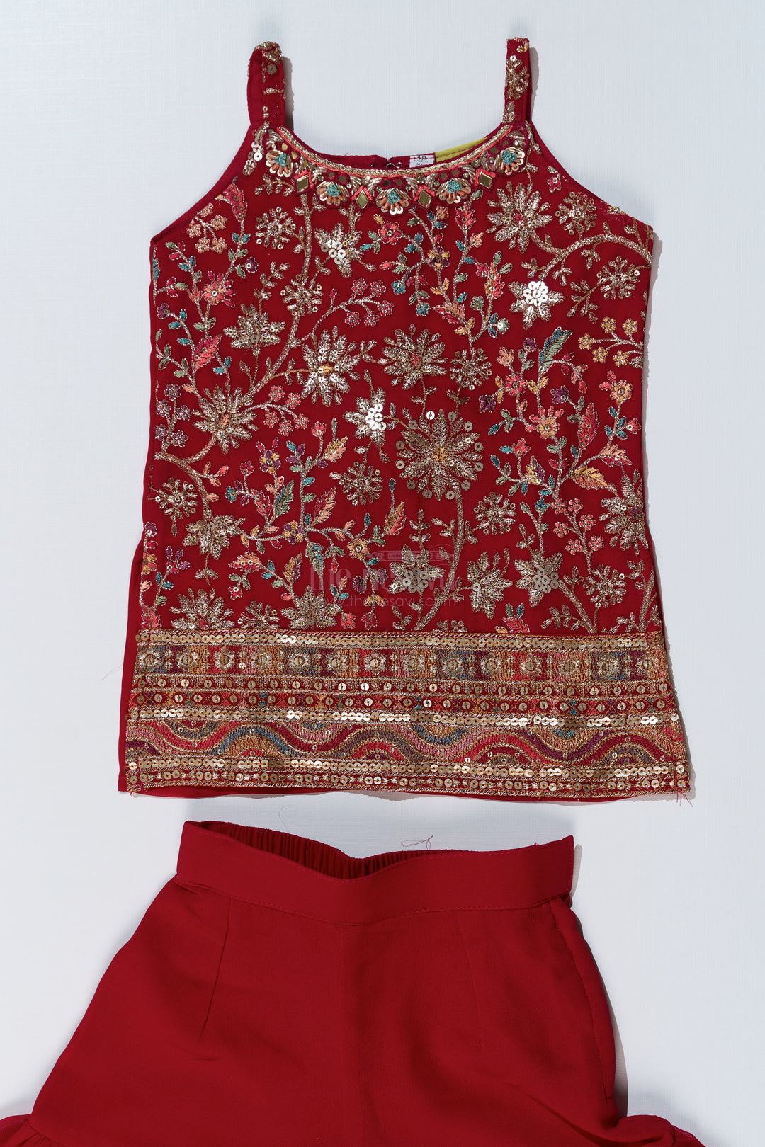 Girls Red Plazo Set with Embroidered Top and Flowy Georgette Bottoms for Festive Wear