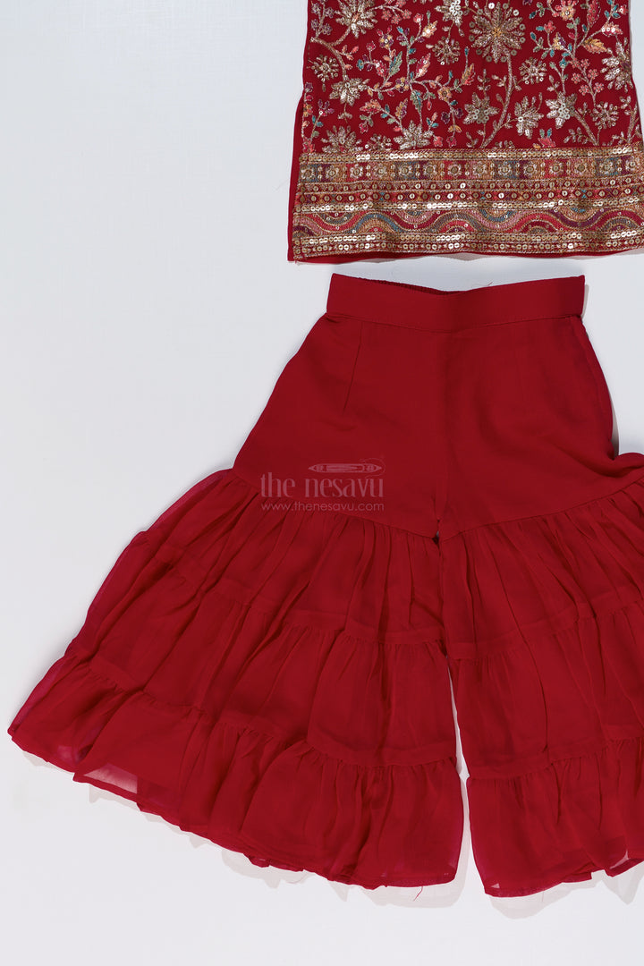 Girls Red Plazo Set with Embroidered Top and Flowy Georgette Bottoms for Festive Wear