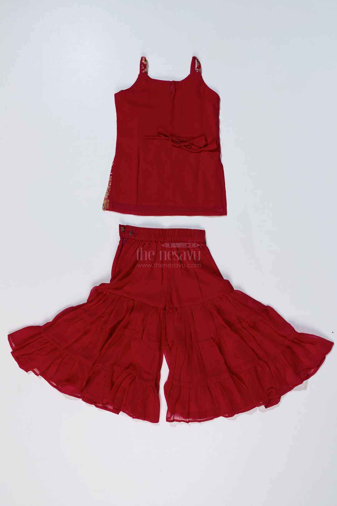 Girls Red Plazo Set with Embroidered Top and Flowy Georgette Bottoms for Festive Wear