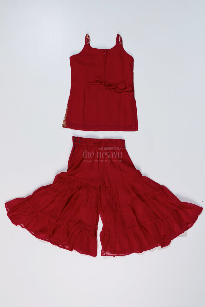 Girls Red Plazo Set with Embroidered Top and Flowy Georgette Bottoms for Festive Wear