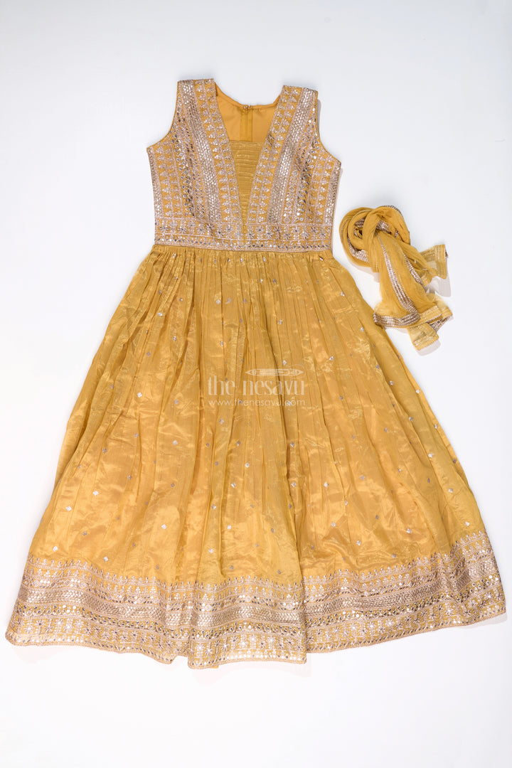 Stunning Kurta Churidar Set for Girls with Golden Chinon Silk and Exquisite Mirror Work