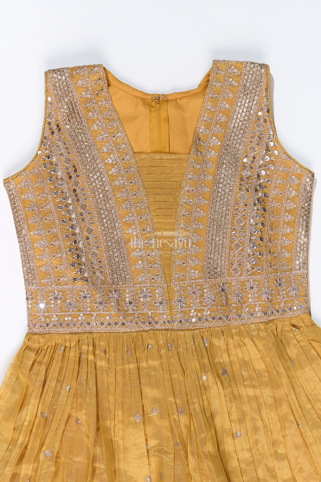 Stunning Kurta Churidar Set for Girls with Golden Chinon Silk and Exquisite Mirror Work