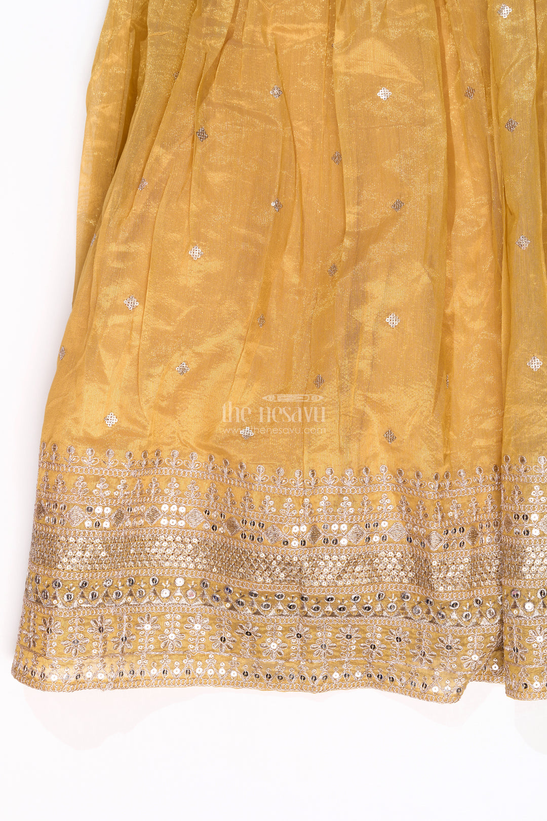 Stunning Kurta Churidar Set for Girls with Golden Chinon Silk and Exquisite Mirror Work