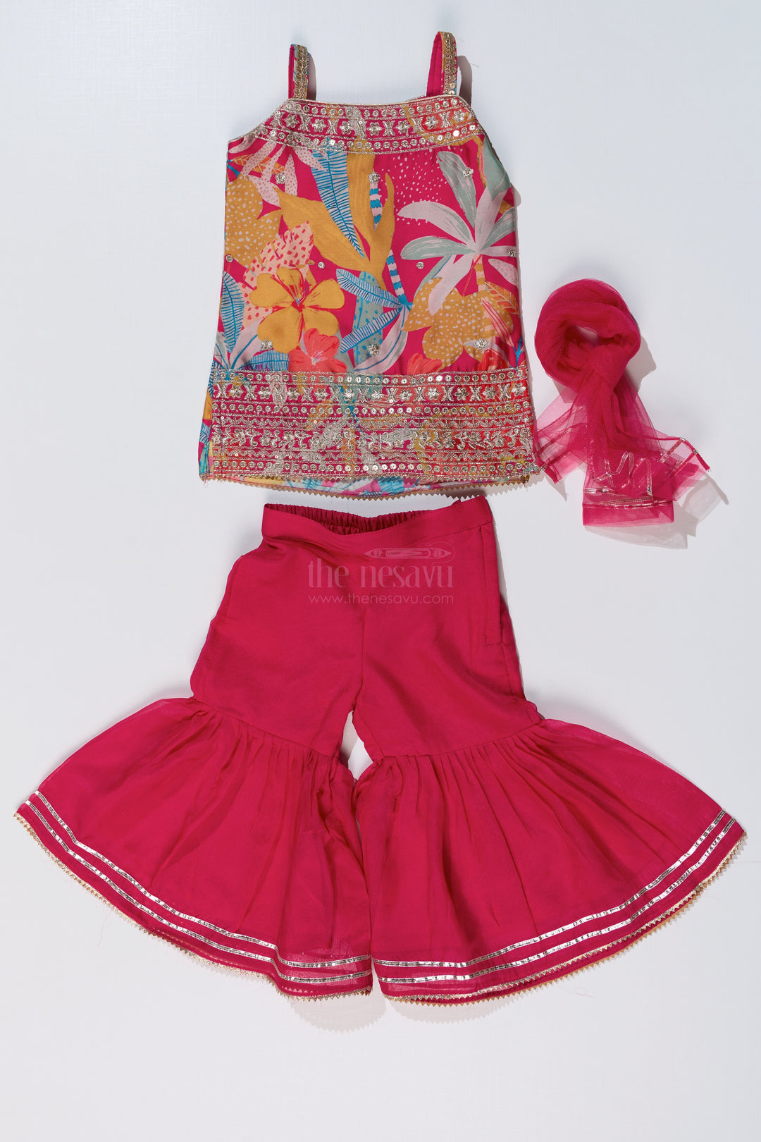 Trendy Pink Plazo with Kurti Set for Girls with Digital Floral Print and Embellished Dupatta