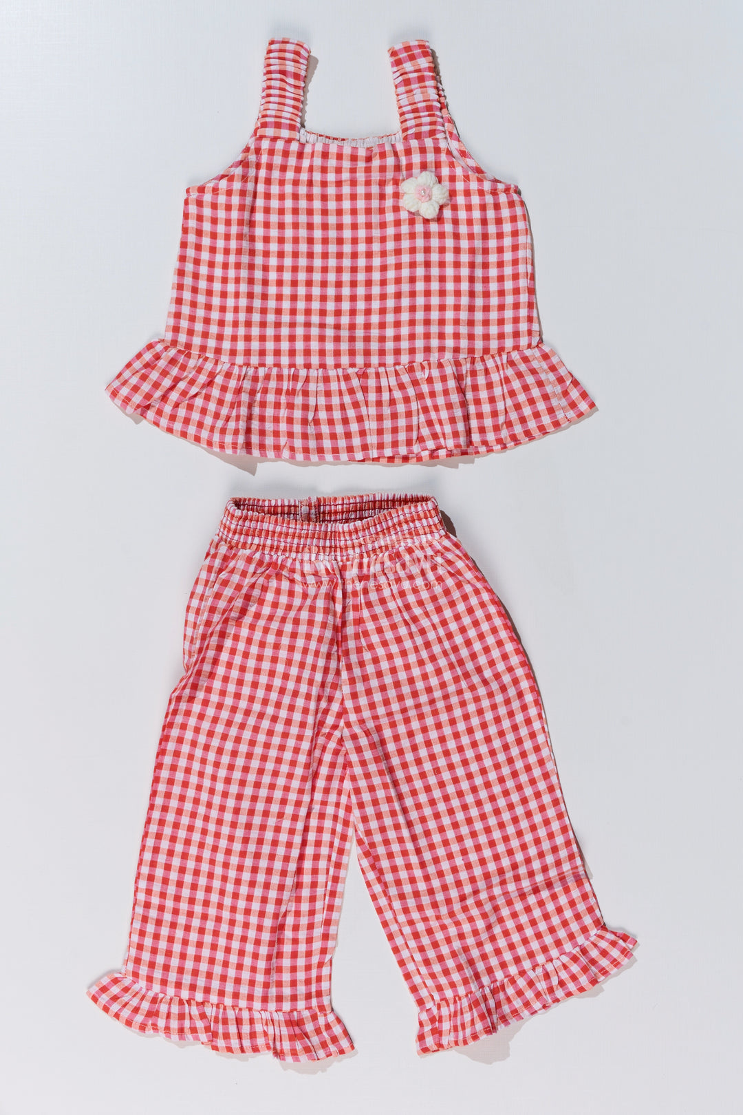 Girls Ethnic Plazo Set with Red and White Gingham Print and Peplum Top for Festive Style