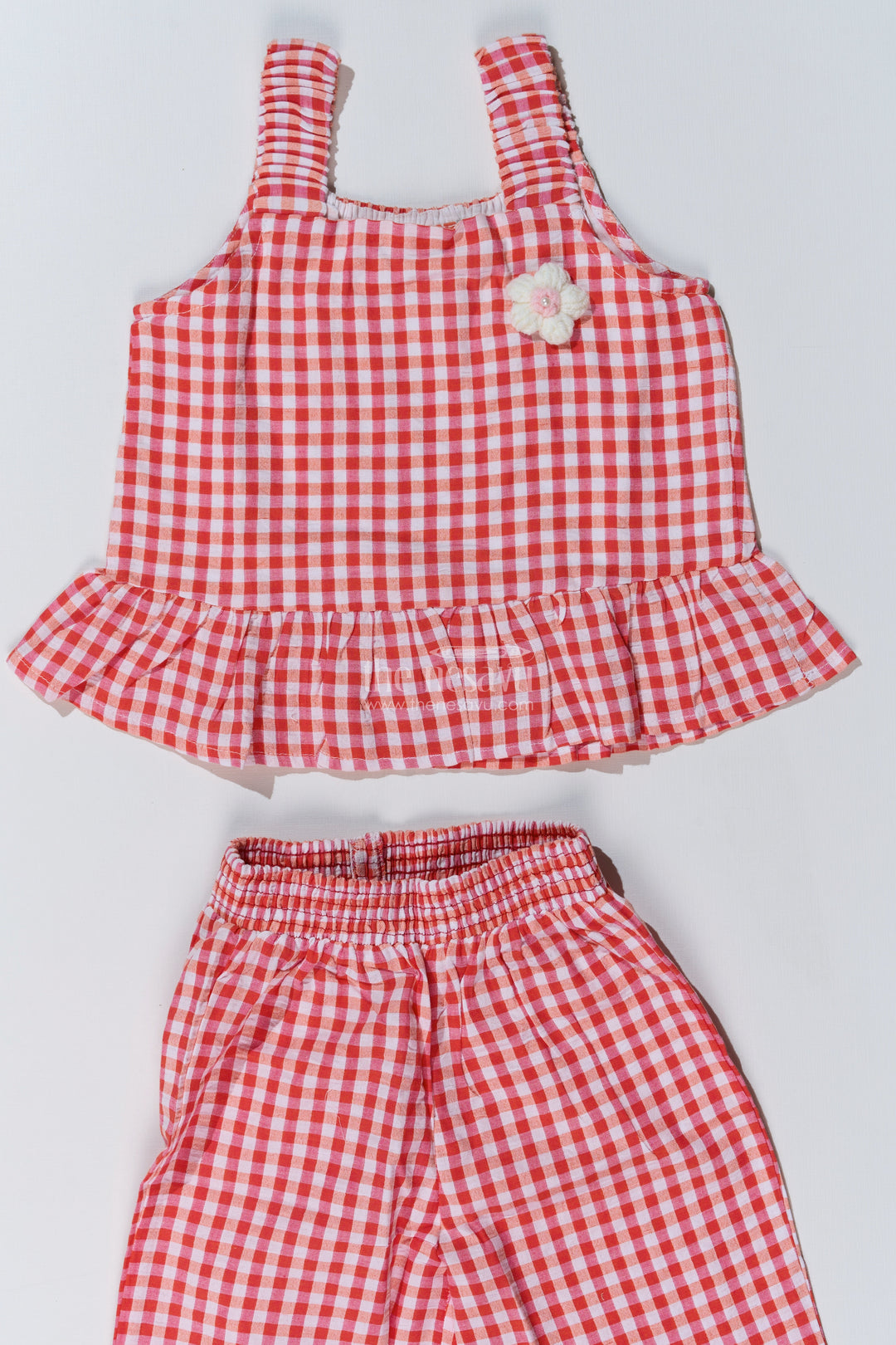 Girls Ethnic Plazo Set with Red and White Gingham Print and Peplum Top for Festive Style