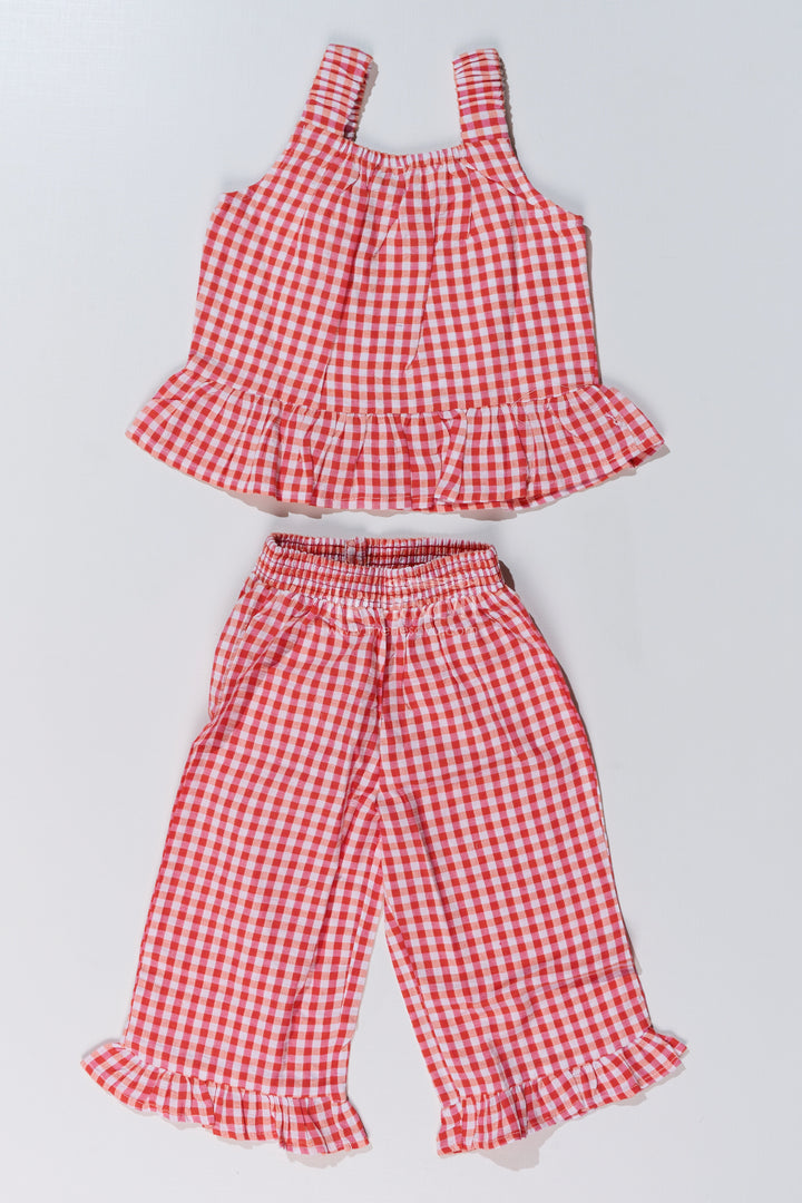 Girls Ethnic Plazo Set with Red and White Gingham Print and Peplum Top for Festive Style