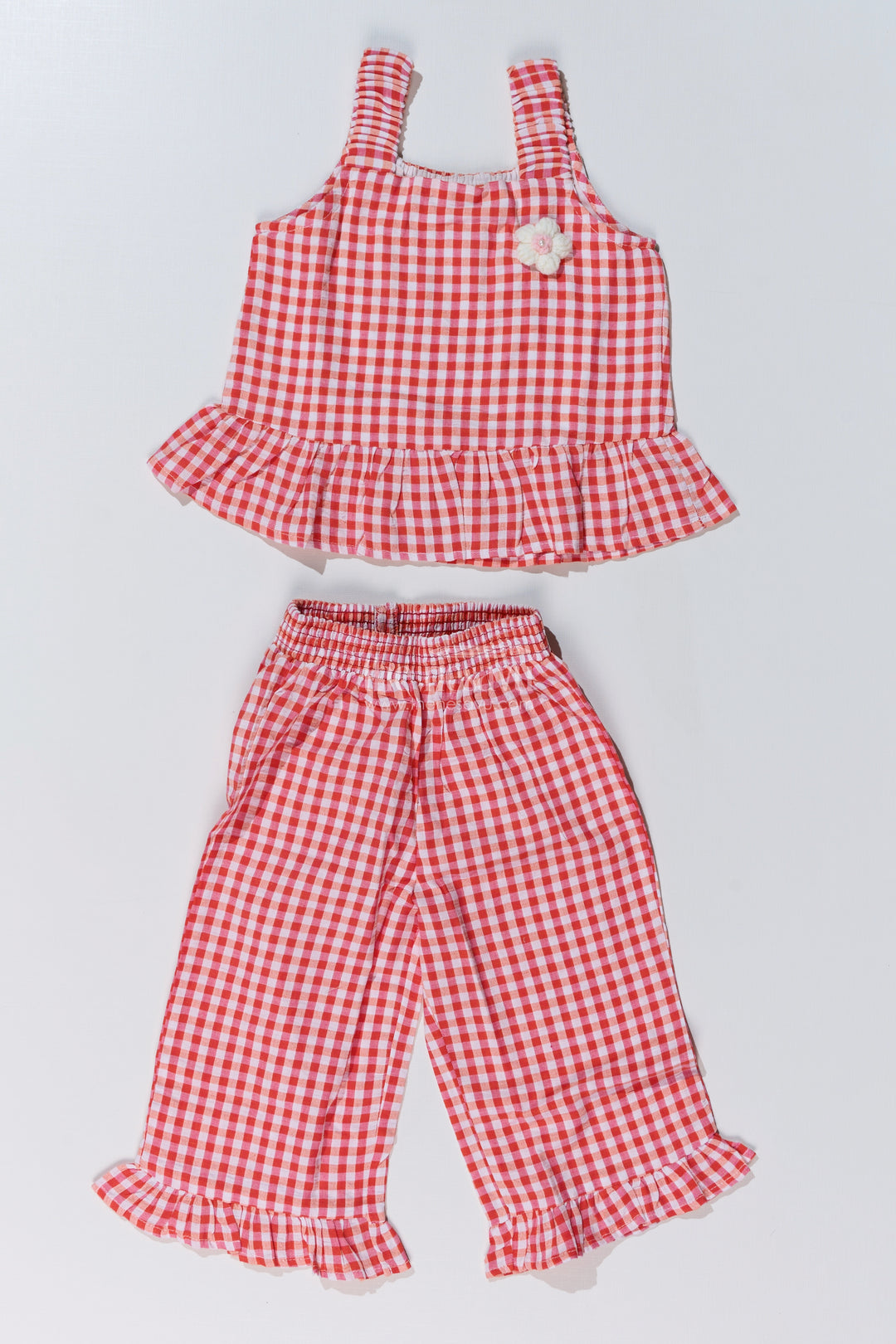 Girls Ethnic Plazo Set with Red and White Gingham Print and Peplum Top for Festive Style