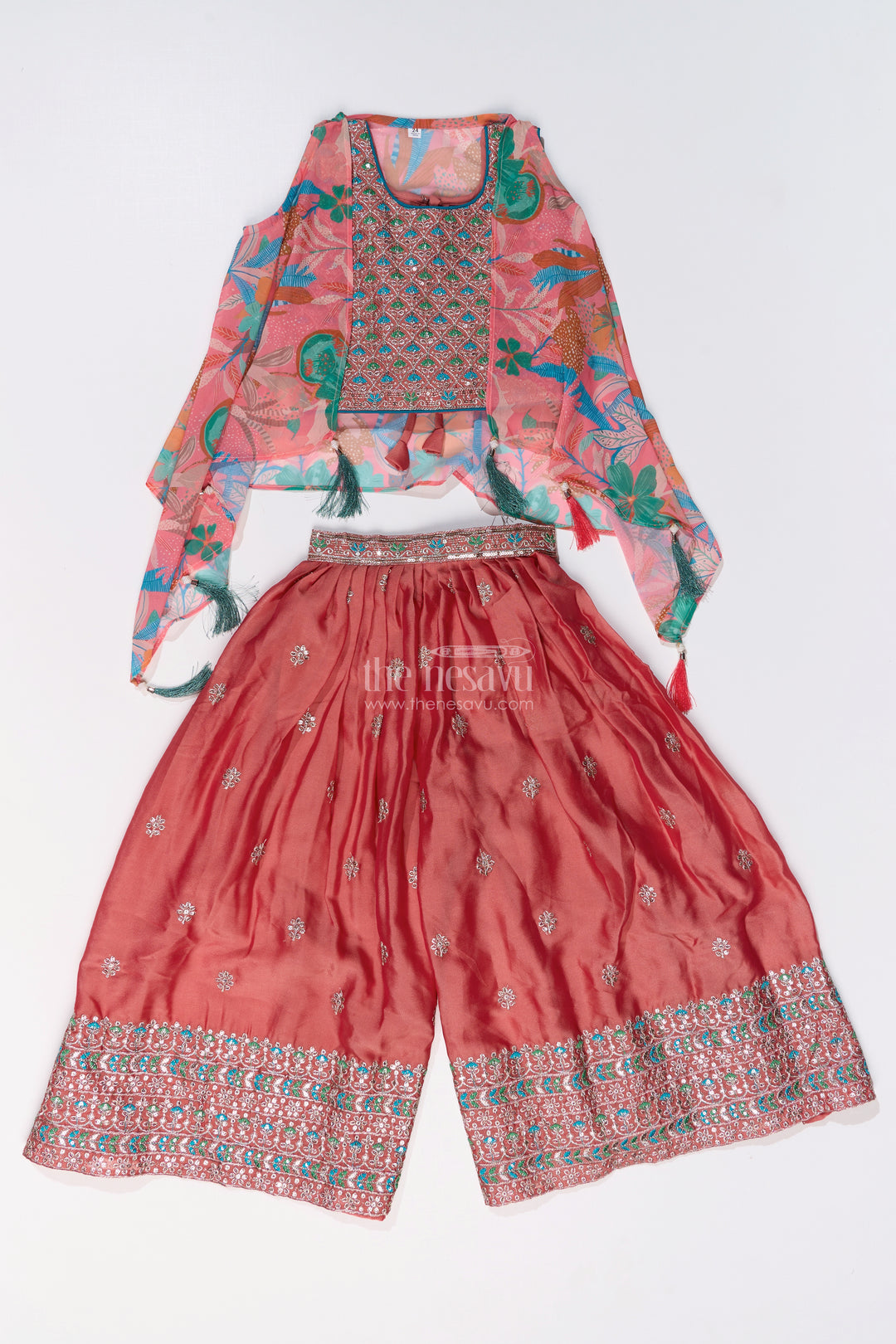 Girls Plazo and Shrug Set with Embroidered Georgette and Digital Printed Jacket for Festive Wear