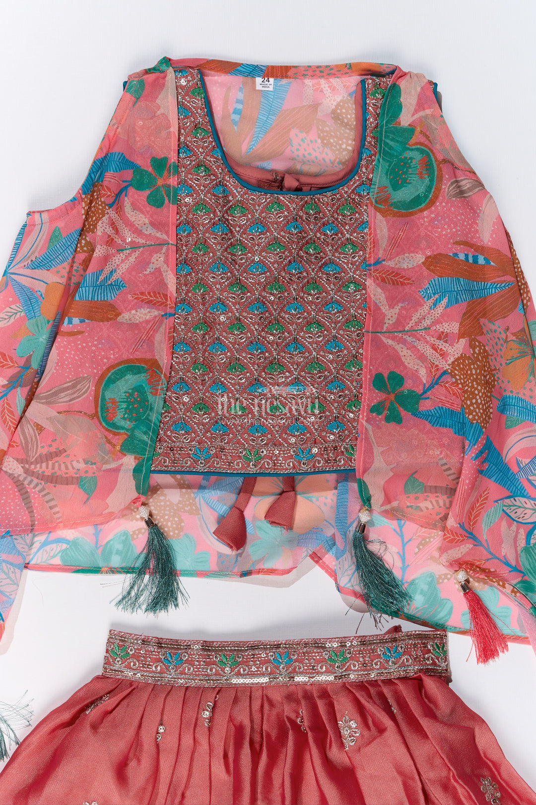 Girls Plazo and Shrug Set with Embroidered Georgette and Digital Printed Jacket for Festive Wear