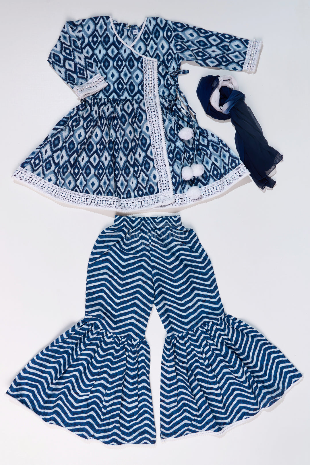 Girls Suit Plazo Set with Ikat Inspired Print and Pom-Pom Detailing in Blue and White