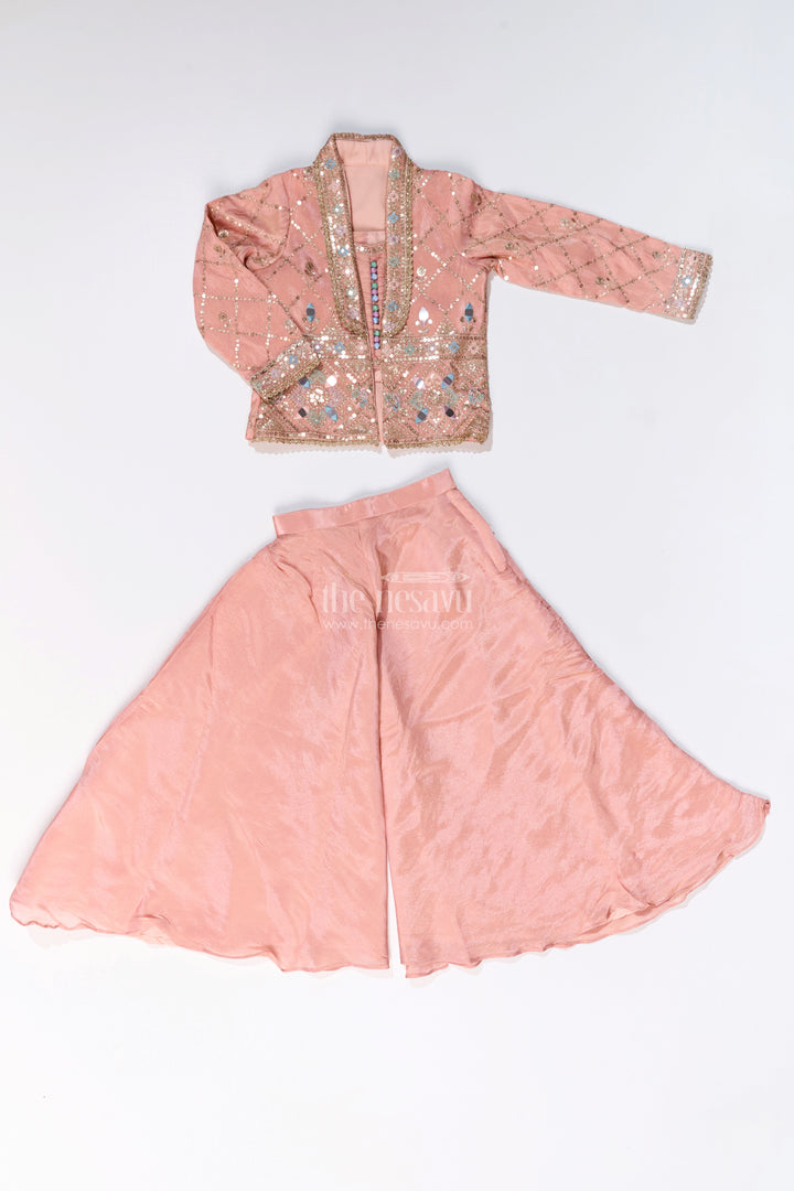 Girls Sharara Plazo Set with Embellished Jacket and Flowy Pants in Peach