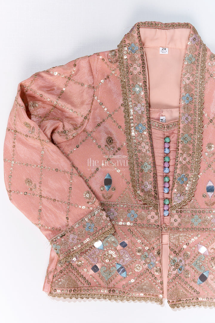 Girls Sharara Plazo Set with Embellished Jacket and Flowy Pants in Peach