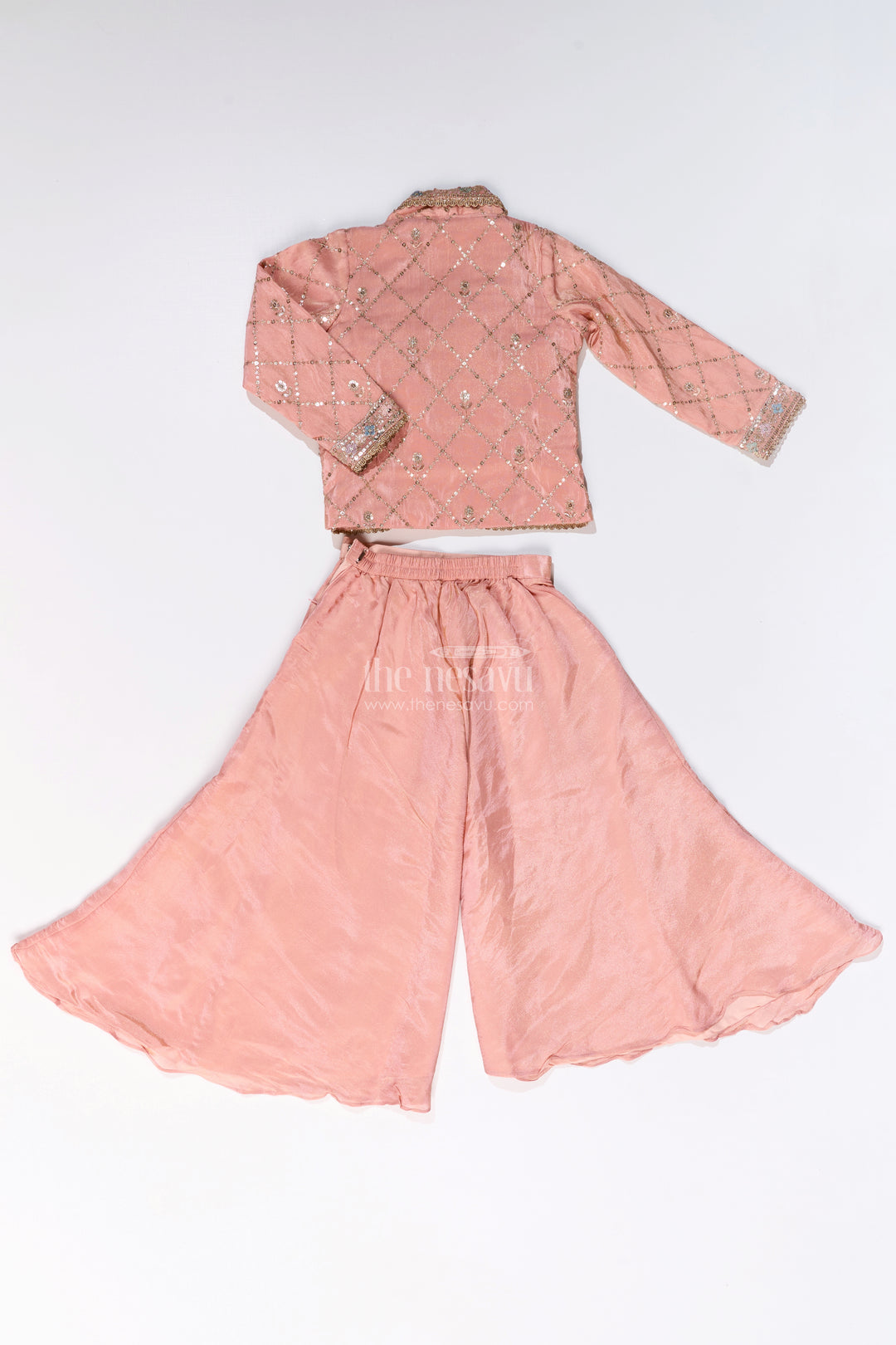 Girls Sharara Plazo Set with Embellished Jacket and Flowy Pants in Peach