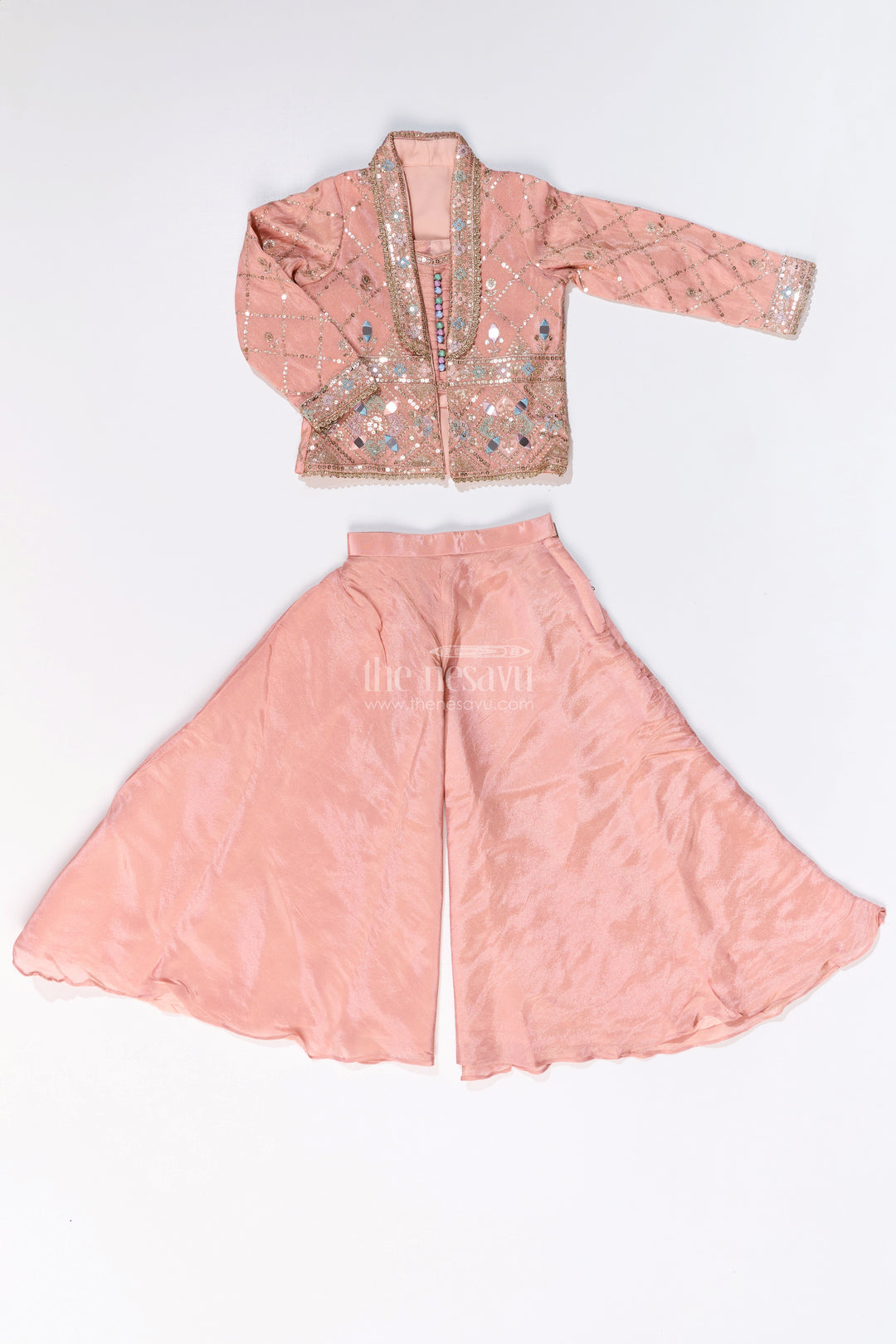 Girls Sharara Plazo Set with Embellished Jacket and Flowy Pants in Peach