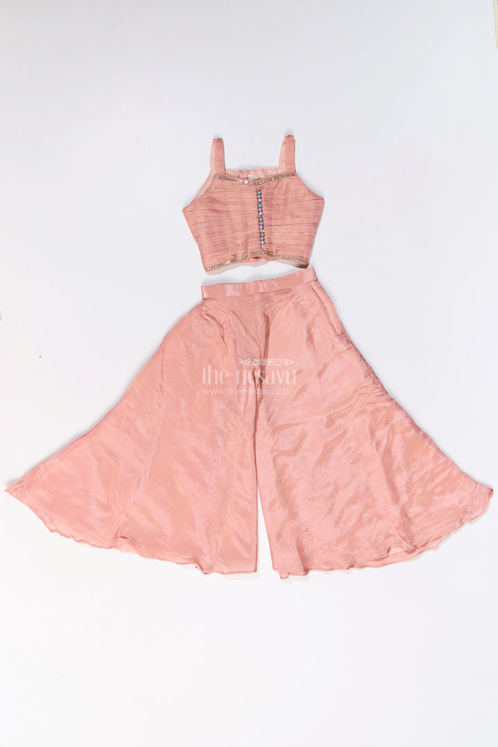 Girls Sharara Plazo Set with Embellished Jacket and Flowy Pants in Peach