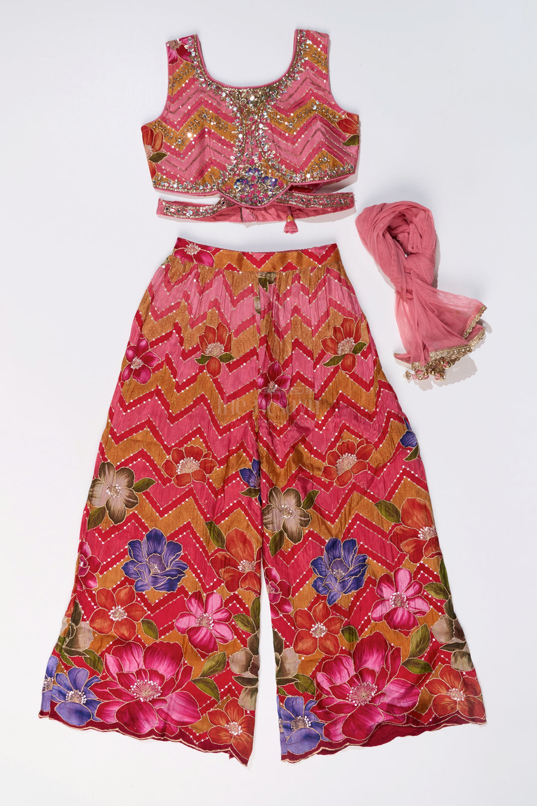 Girls Designer Sharara Sets with Floral Embroidery and Chevron Print in Pink