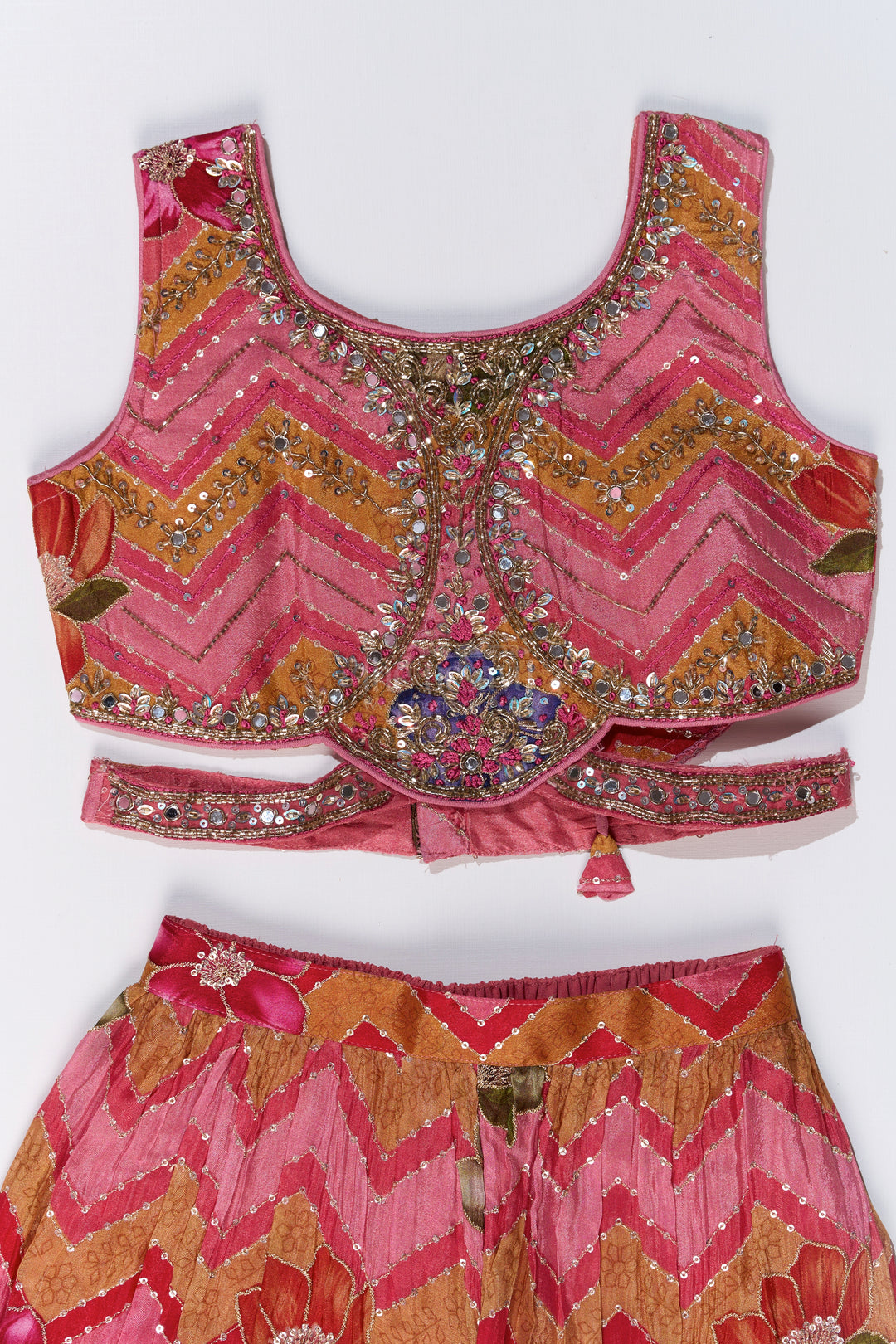 Girls Designer Sharara Sets with Floral Embroidery and Chevron Print in Pink