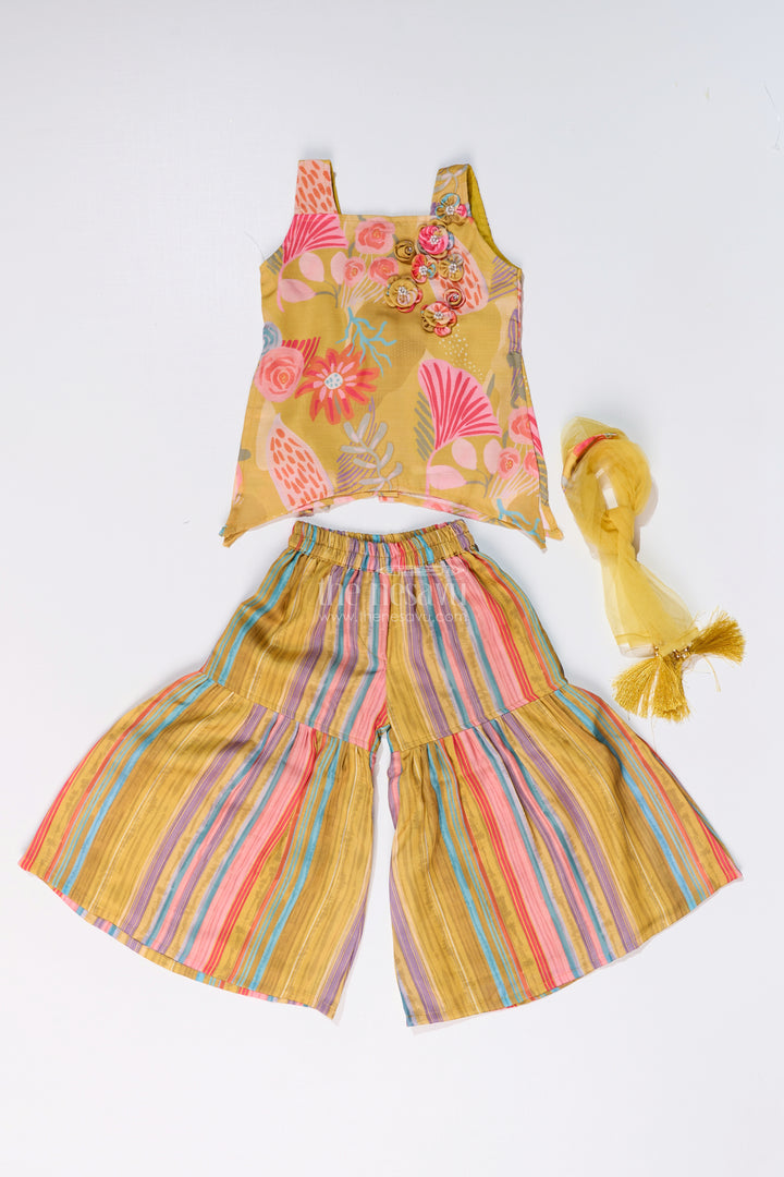 Girls Mustard Yellow Sharara with Floral Printed Top and Striped Flared Pants