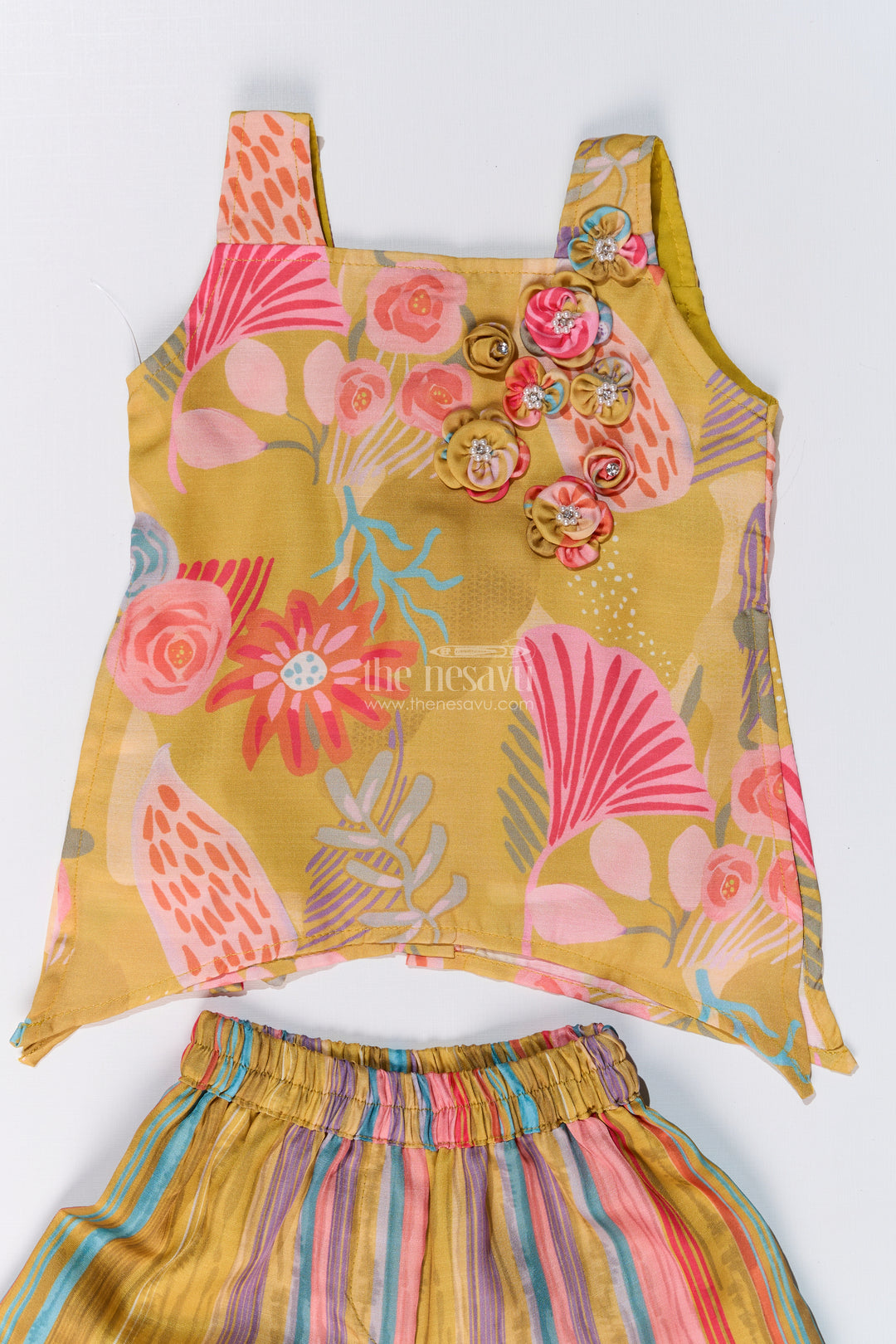 Girls Mustard Yellow Sharara with Floral Printed Top and Striped Flared Pants