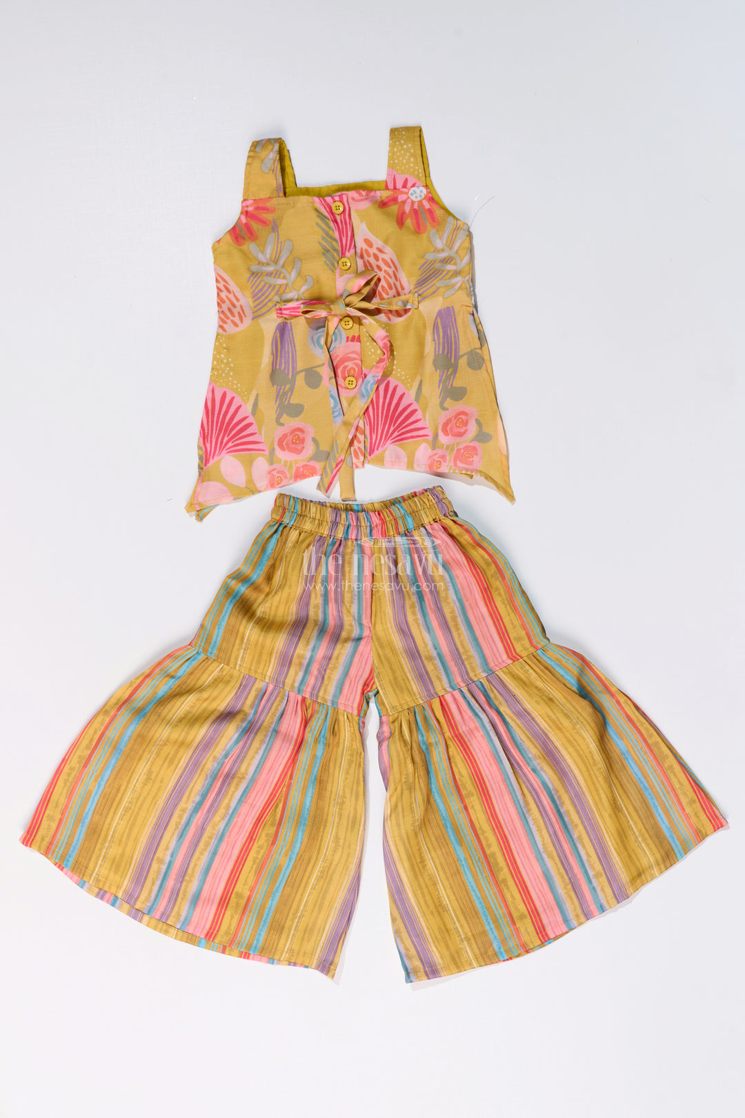 Girls Mustard Yellow Sharara with Floral Printed Top and Striped Flared Pants