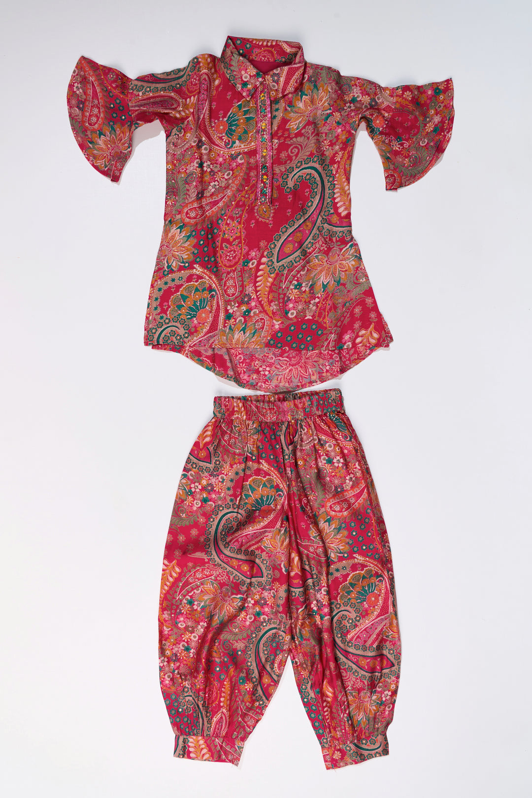 Girls Sharara Pants Set with Paisley Print and Flared Sleeves in Red and Gold