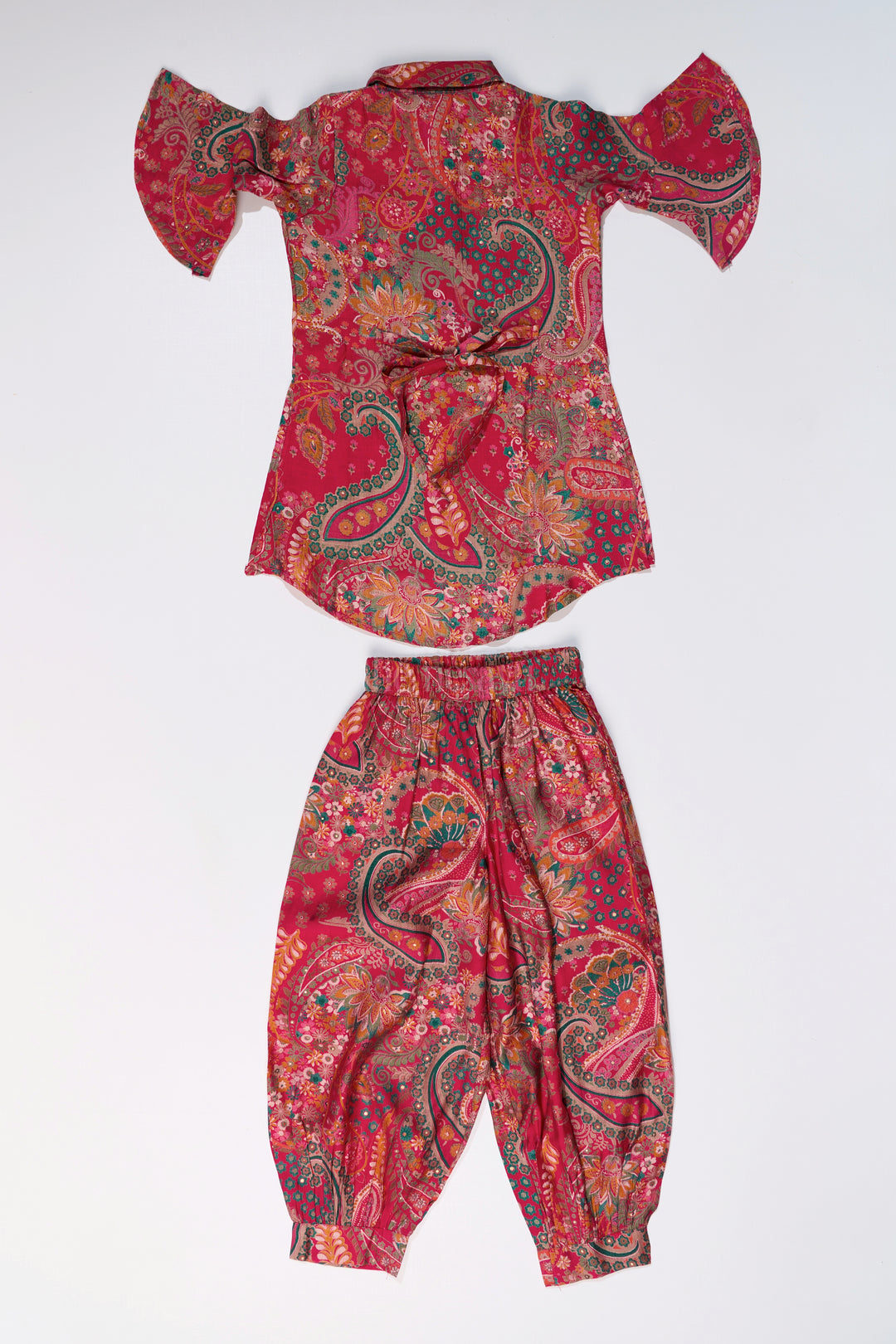 Girls Sharara Pants Set with Paisley Print and Flared Sleeves in Red and Gold