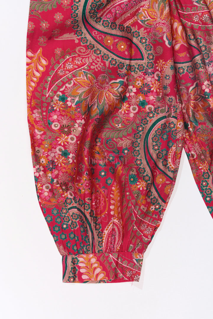 Girls Sharara Pants Set with Paisley Print and Flared Sleeves in Red and Gold