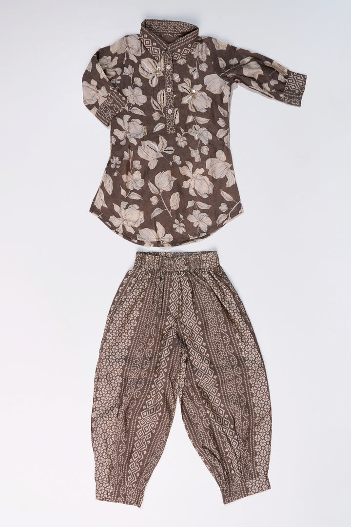 Girls Suit Co-ord Set with Floral Printed Kurti and Ethnic Patterned Pants in Earthy Tones