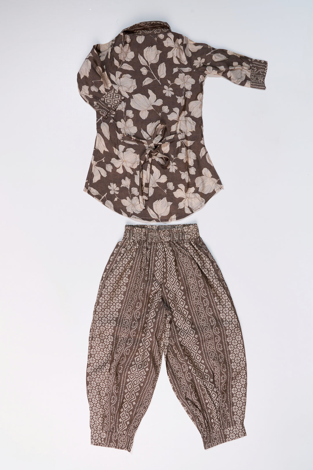 Girls Suit Co-ord Set with Floral Printed Kurti and Ethnic Patterned Pants in Earthy Tones