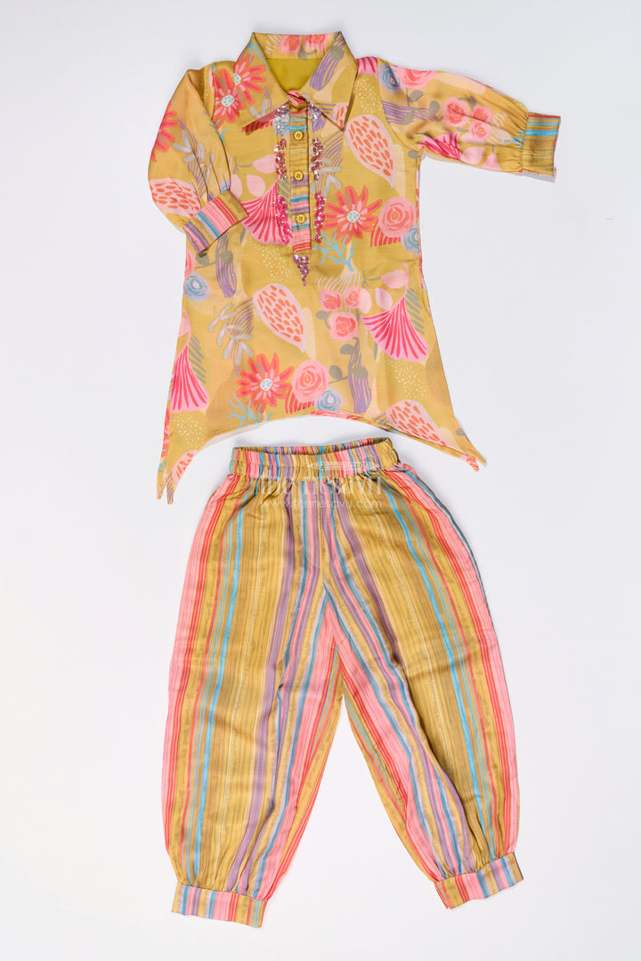 Girls Yellow Co-ord Set with Floral Printed Kurti and Striped Pants