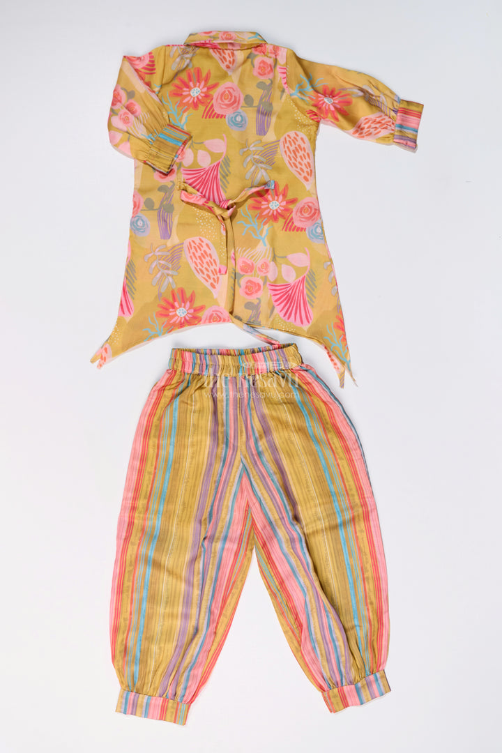 Girls Yellow Co-ord Set with Floral Printed Kurti and Striped Pants