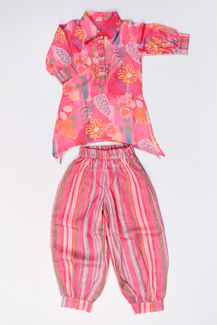 Girls Floral Co-ord Set with Bright Printed Kurti and Striped Pants in Rani Pink